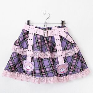 Gloomy Bear Pastel Pink & Purple Checkered Punk Rock, Emo, Rave Skirt